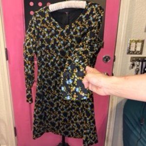 Navy blue with blue roses, Vintage long sleeve dress.